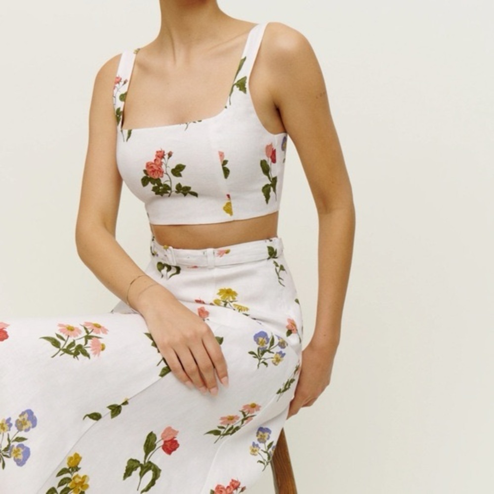 Reformation Cole Two Piece Set Size 2 Floral Crop Top Skirt Linen - Picture 2 of 12